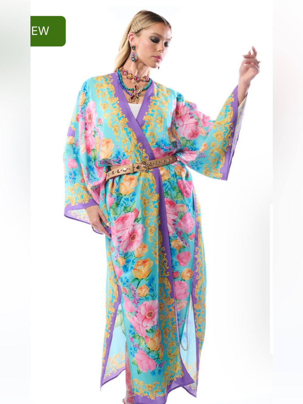 NWT Aratta Silent Journey- Blossom Maxi Kimono- Aqua Floral